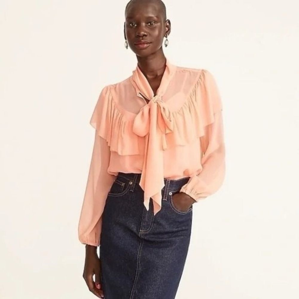 J. Crew Collection‎ Women's Silk Tie Neck Pink Long Sleeve Chiffon Blouse- Small